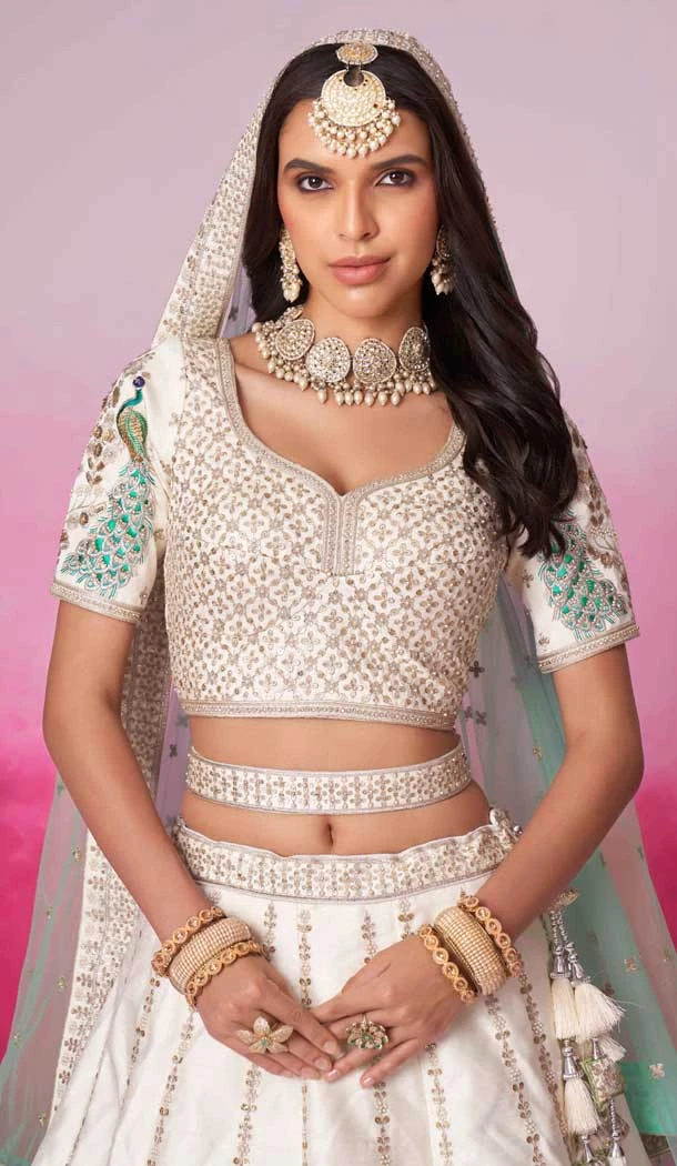 Silk Cream Embroidery Wedding Wear Lehenga Choli - 10084192279