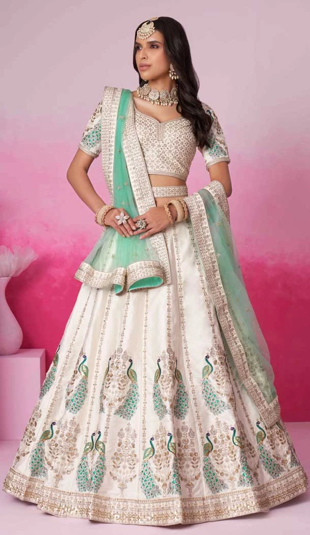 Silk Cream Embroidery Wedding Wear Lehenga Choli - 10084192279