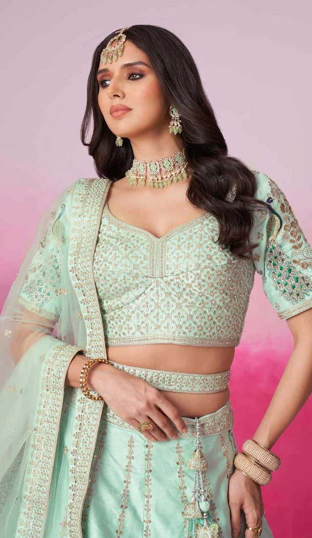 Sea Green Silk Embroidery Wedding Wear Lehenga Choli - 10084192280