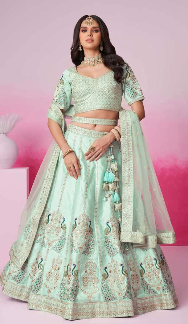 Sea Green Silk Embroidery Wedding Wear Lehenga Choli - 10084192280