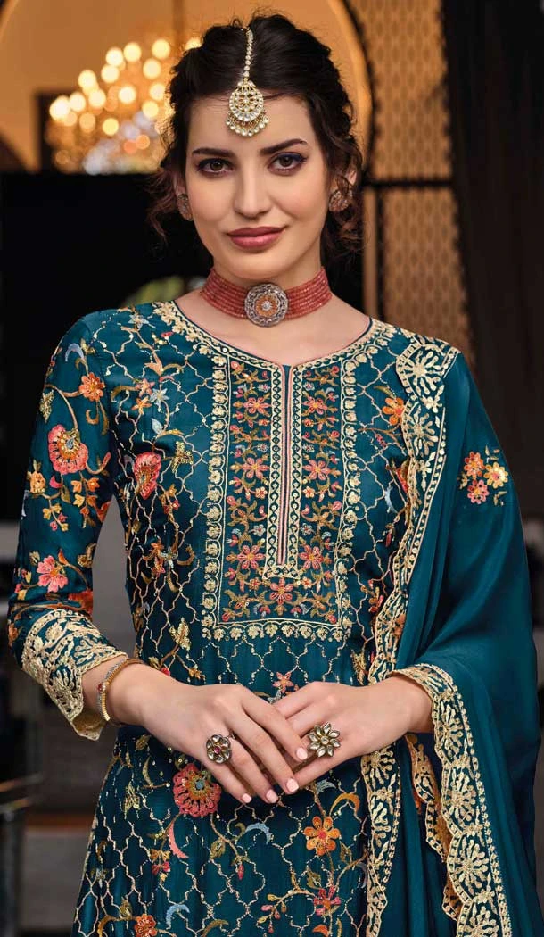 Silk Sequins Work Party Wear Palazzo Suit In Teal Blue - 10085192281