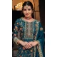 Silk Sequins Work Party Wear Palazzo Suit In Teal Blue - 10085192281