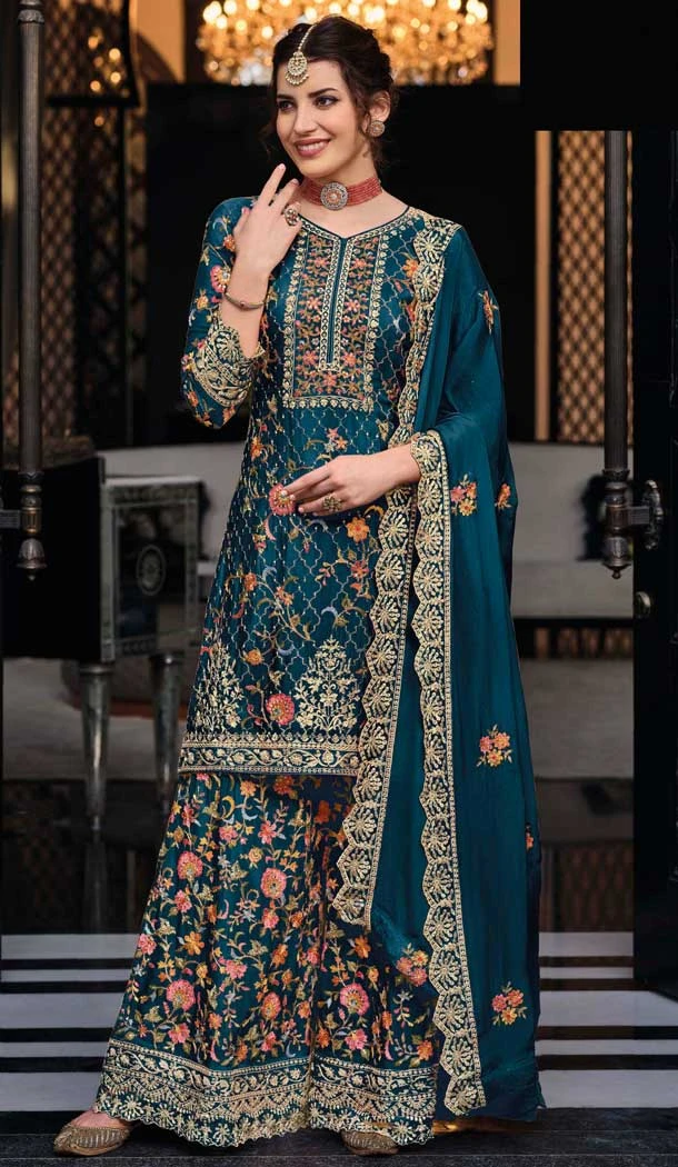 Silk Sequins Work Party Wear Palazzo Suit In Teal Blue - 10085192281