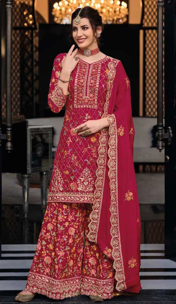 Silk Sequins Work Party Wear Palazzo Suit In Rani Pink - 10085192282