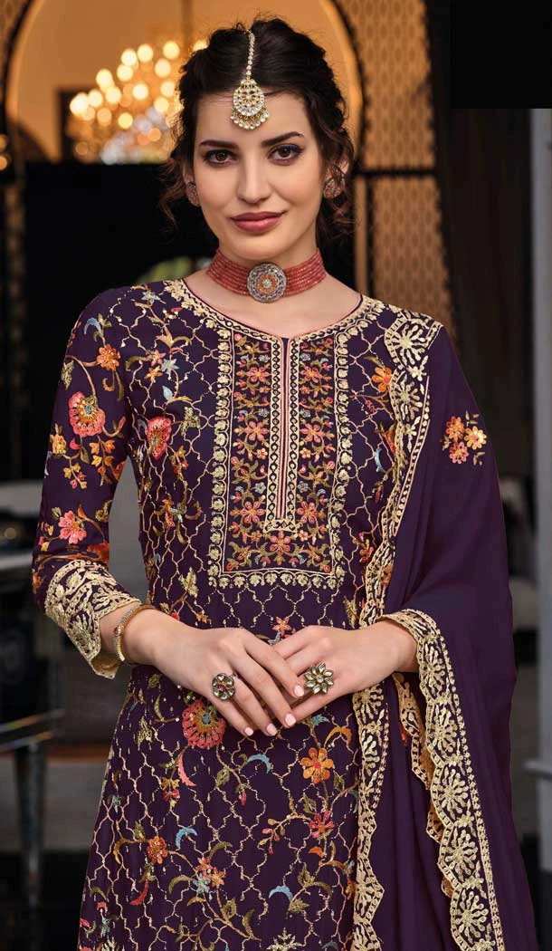 Silk Sequins Work Party Wear Palazzo Suit In Purple - 10085192284