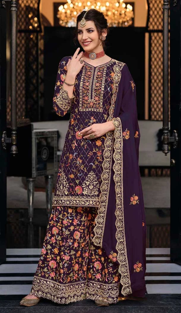 Silk Sequins Work Party Wear Palazzo Suit In Purple - 10085192284