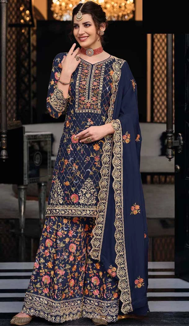 Silk Sequins Work Party Wear Palazzo Suit In Navy Blue - 10085192285