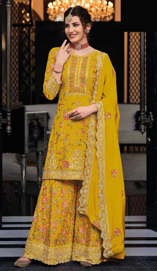 Silk Sequins Work Party Wear Palazzo Suit In Yellow - 10085192286