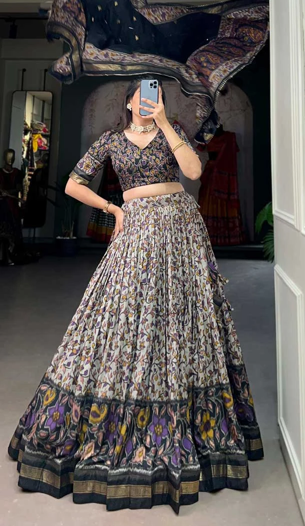 Black Tussar Silk Foil Print Work Navratri Wear Lehenga Choli - 10087192291