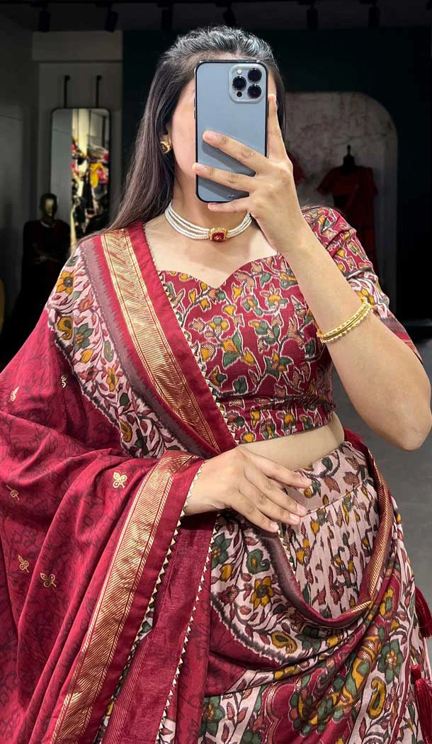 Maroon Tussar Silk Foil Print Work Navratri Wear Lehenga Choli - 10087192293