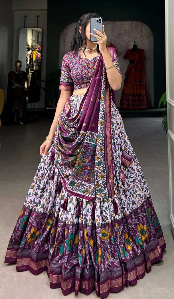 Purple Tussar Silk Foil Print Work Navratri Wear Lehenga Choli - 10087192294