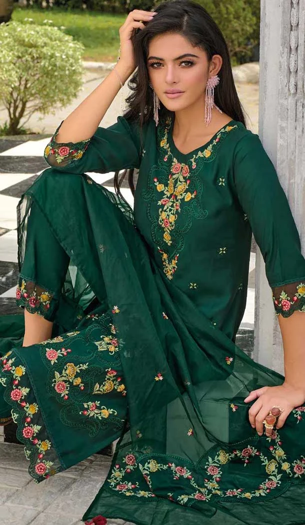 Green Viscose Resham Work Party Wear Readymade Salwar Suit - 10088192295