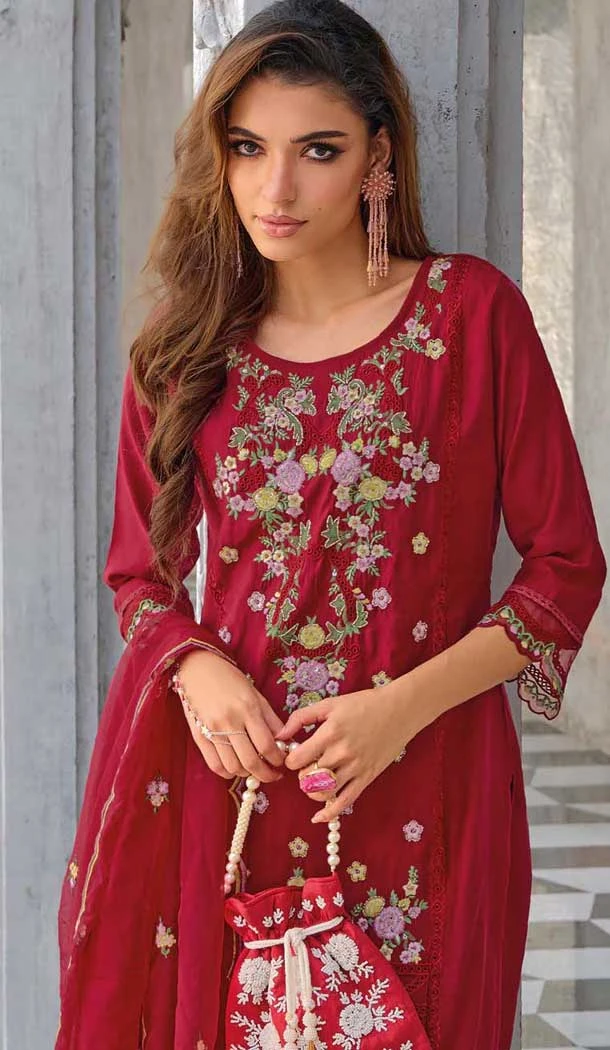 Red Viscose Resham Work Party Wear Readymade Salwar Suit - 10088192297
