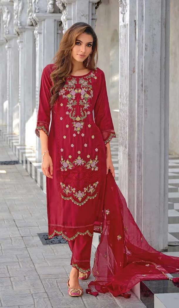 Red Viscose Resham Work Party Wear Readymade Salwar Suit - 10088192297