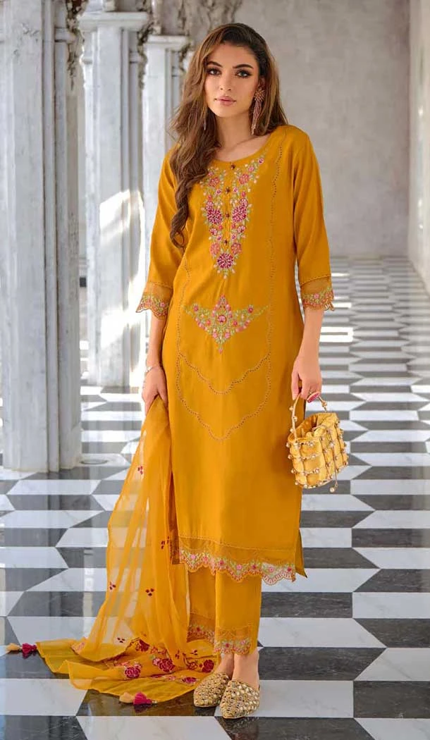 Yellow Viscose Resham Work Party Wear Readymade Salwar Suit - 10088192299