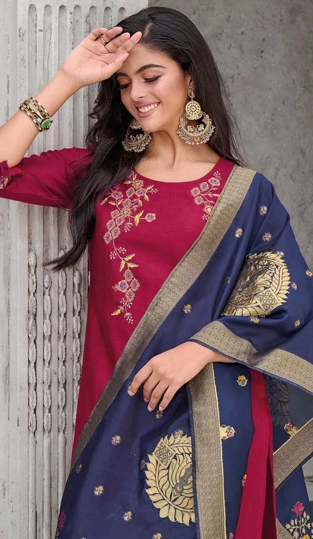 Cherry Red Vichitra Silk Resham Work Party Wear Readymade Salwar Suit - 10088192300