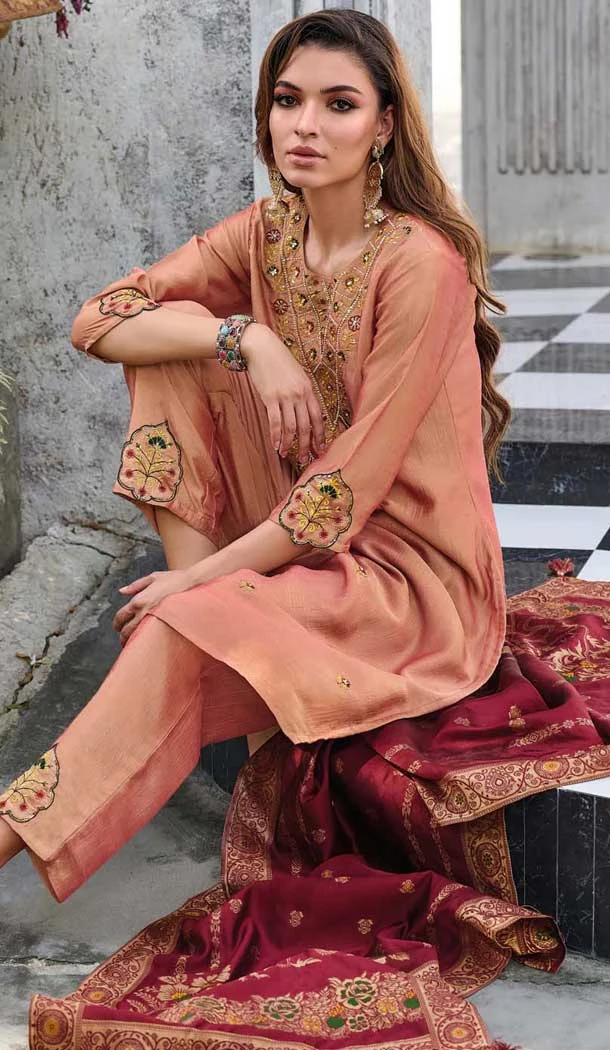 Peach Vichitra Silk Resham Work Party Wear Readymade Salwar Suit - 10088192303