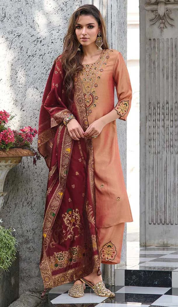 Peach Vichitra Silk Resham Work Party Wear Readymade Salwar Suit - 10088192303
