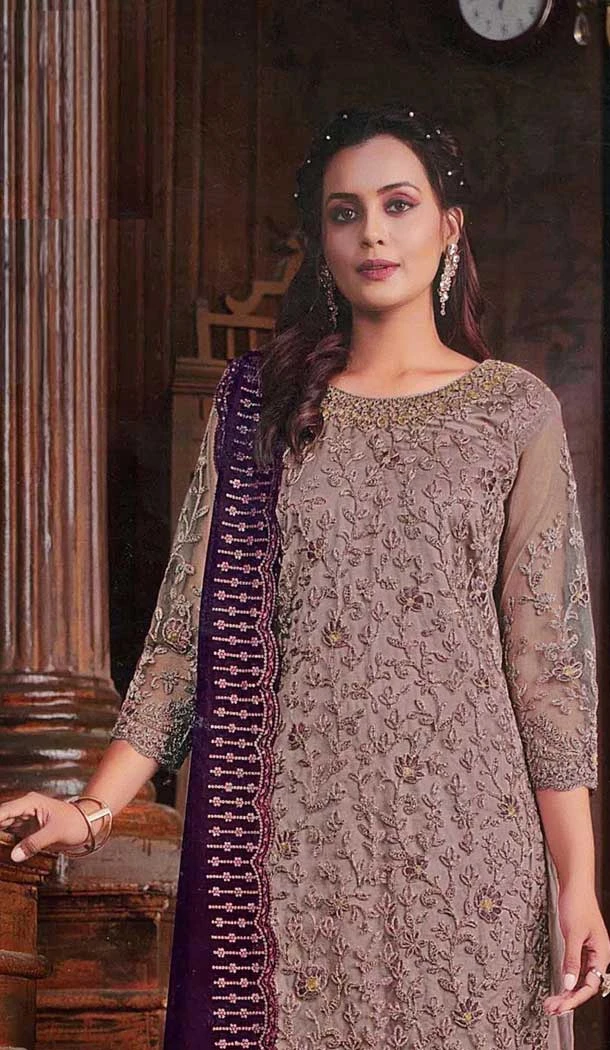 Butterfly Net Embroidered Pakistani Style Palazzo Suit In Beige - 10099192356