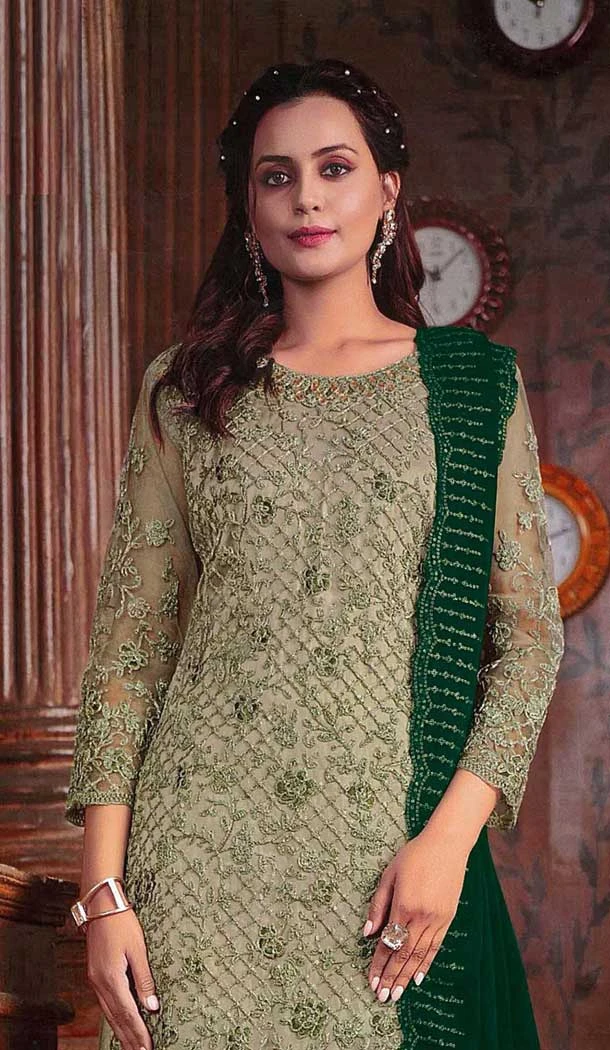 Butterfly Net Embroidered Pakistani Style Palazzo Suit In Pista Geen - 10099192357