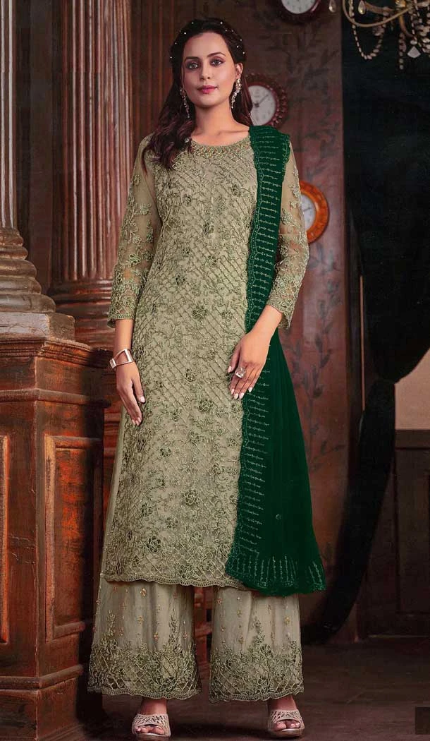 Butterfly Net Embroidered Pakistani Style Palazzo Suit In Pista Geen - 10099192357