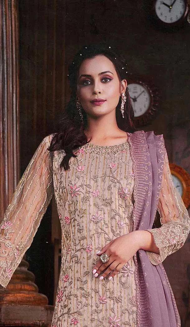 Butterfly Net Embroidered Pakistani Style Palazzo Suit In Cream - 10099192358