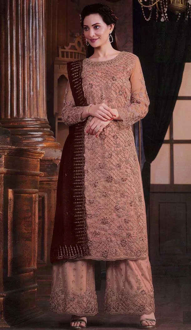 Butterfly Net Embroidered Pakistani Style Palazzo Suit In Peach - 10099192359