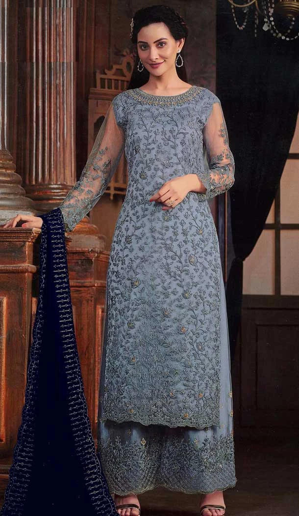 Butterfly Net Embroidered Pakistani Style Palazzo Suit In Sky Blue - 10099192360