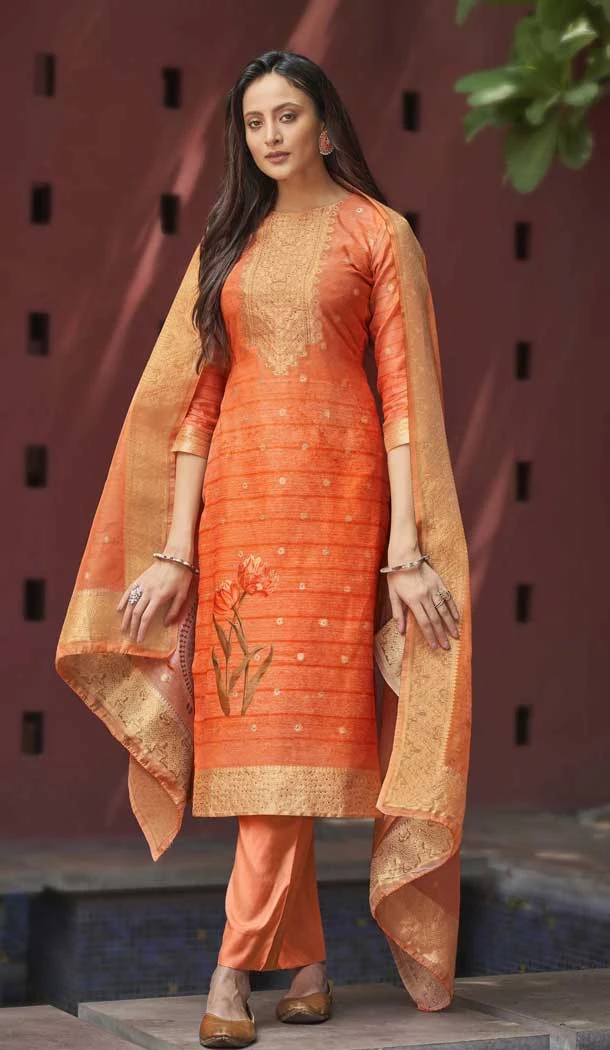 Orange Chanderi Digital Printed Pakistani Style Salwar Kameez - 10108192394