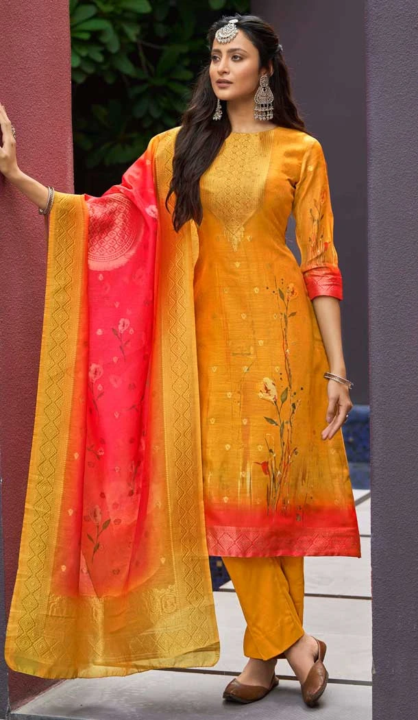 Mustard Chanderi Digital Printed Pakistani Style Salwar Kameez - 10108192395