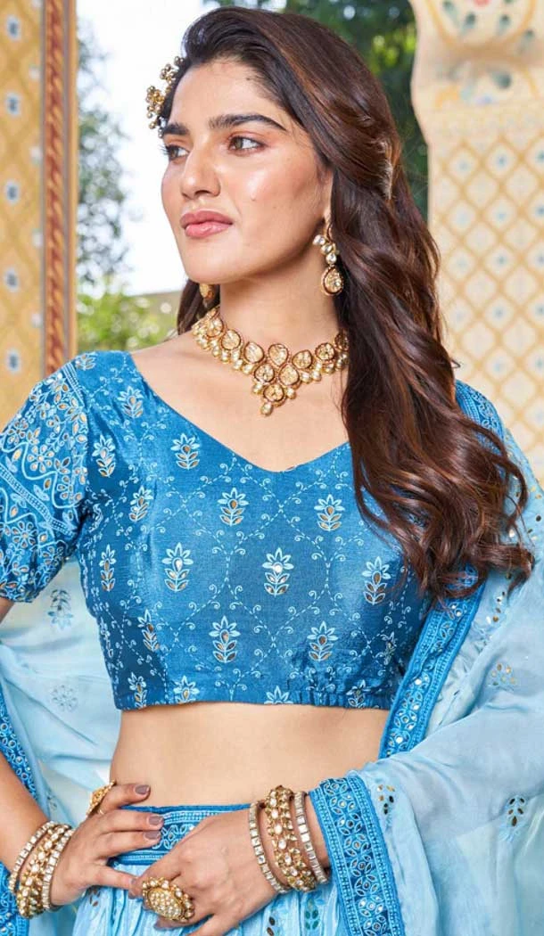 Sky Blue Soft Organza Sequins Work Designer Wear Lehenga Choli - 10109192397