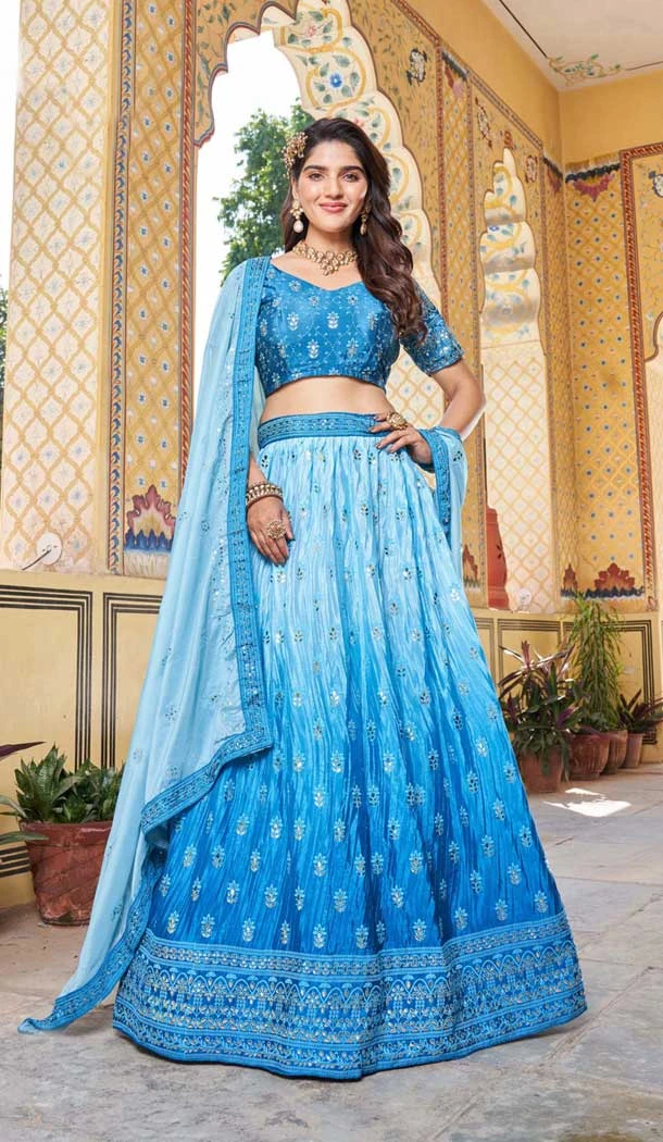 Sky Blue Soft Organza Sequins Work Designer Wear Lehenga Choli - 10109192397