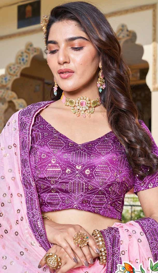 Purple Soft Organza Sequins Work Designer Wear Lehenga Choli - 10109192398