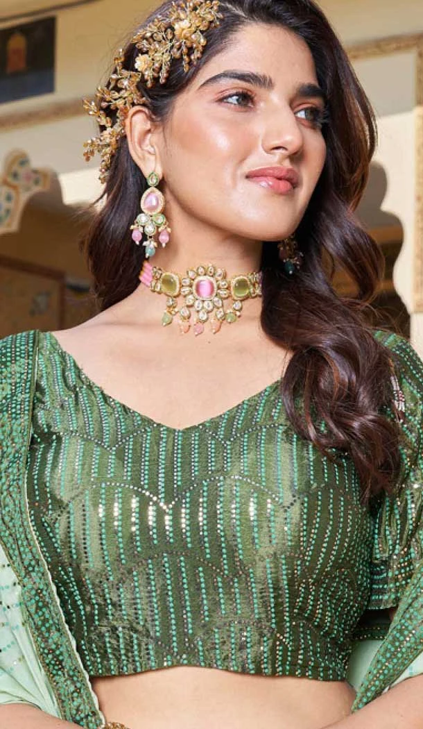 Mehendi Green Soft Organza Sequins Work Designer Wear Lehenga Choli - 10109192399