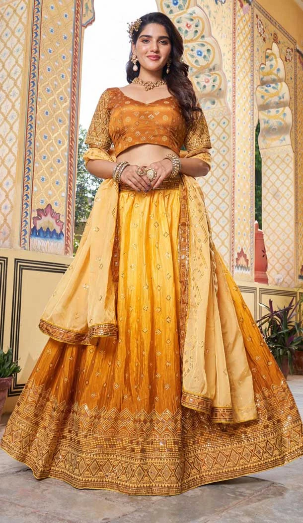Yellow Soft Organza Sequins Work Designer Wear Lehenga Choli - 10109192400