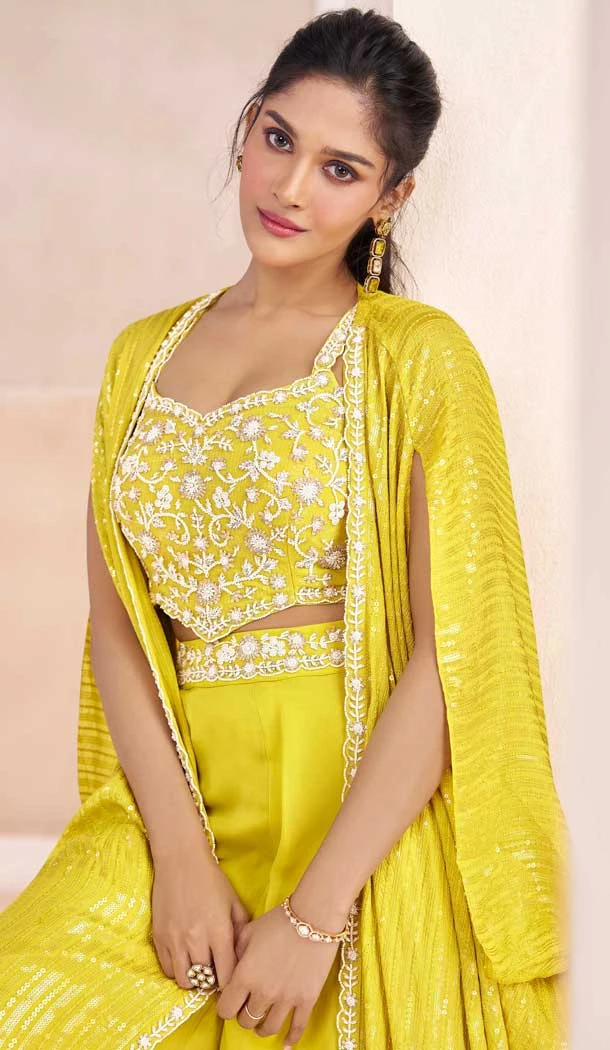 Real Silk Embroidered Indo Western Style Palazzo Suit In Yellow - 10110192403