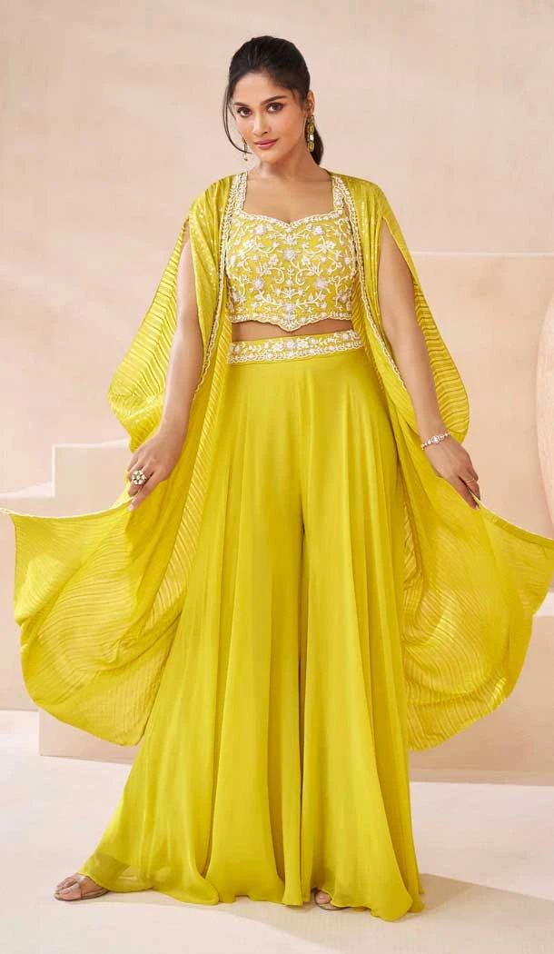 Real Silk Embroidered Indo Western Style Palazzo Suit In Yellow - 10110192403