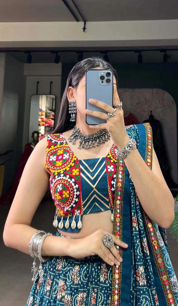 Multi Color Pure Rayon Print Work Navratri Wear Lehenga Choli - 10097192338