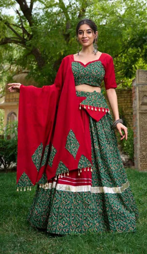Green Pure Cotton Print Work Navratri Wear Lehenga Choli - 10097192340