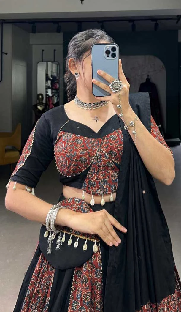 Black Pure Cotton Print Work Navratri Wear Lehenga Choli - 10097192341