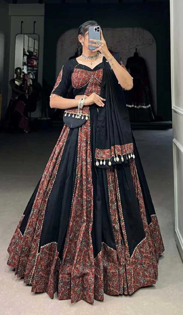 Black Pure Cotton Print Work Navratri Wear Lehenga Choli - 10097192341