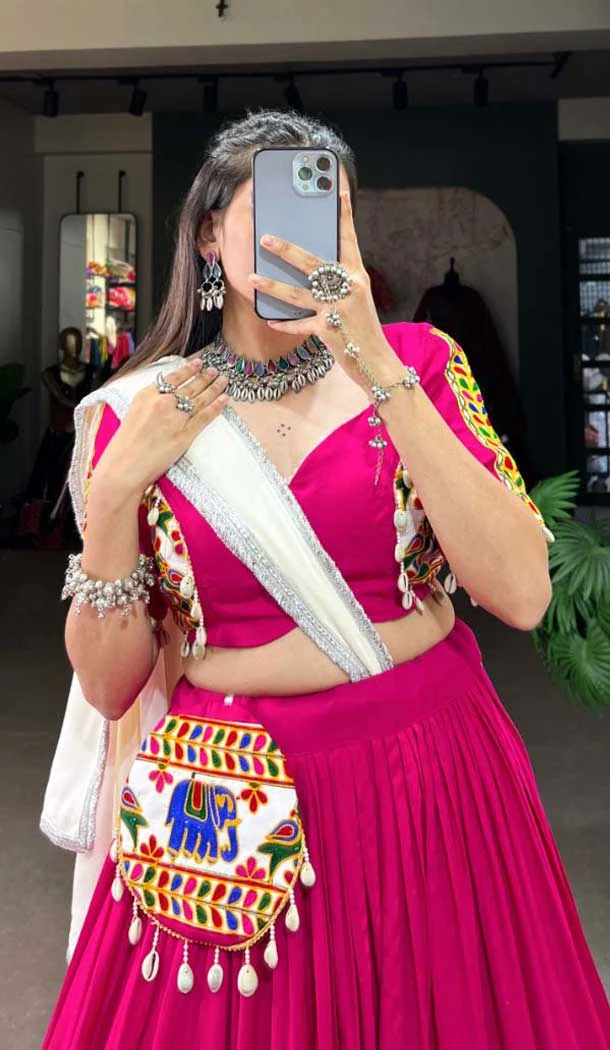 Rani Pink Pure Rayon Print Work Navratri Wear Lehenga Choli - 10097192342
