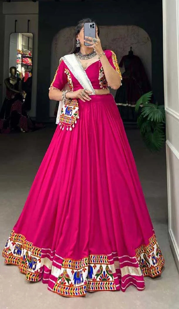 Rani Pink Pure Rayon Print Work Navratri Wear Lehenga Choli - 10097192342