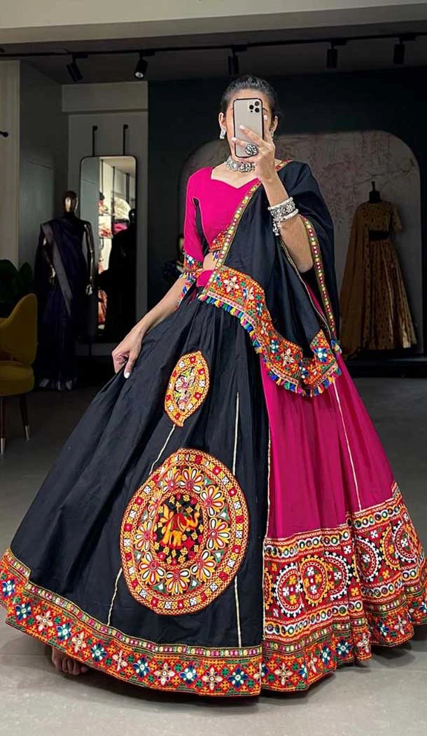 Multi Color Pure Cotton Print Work Navratri Wear Lehenga Choli - 10097192343