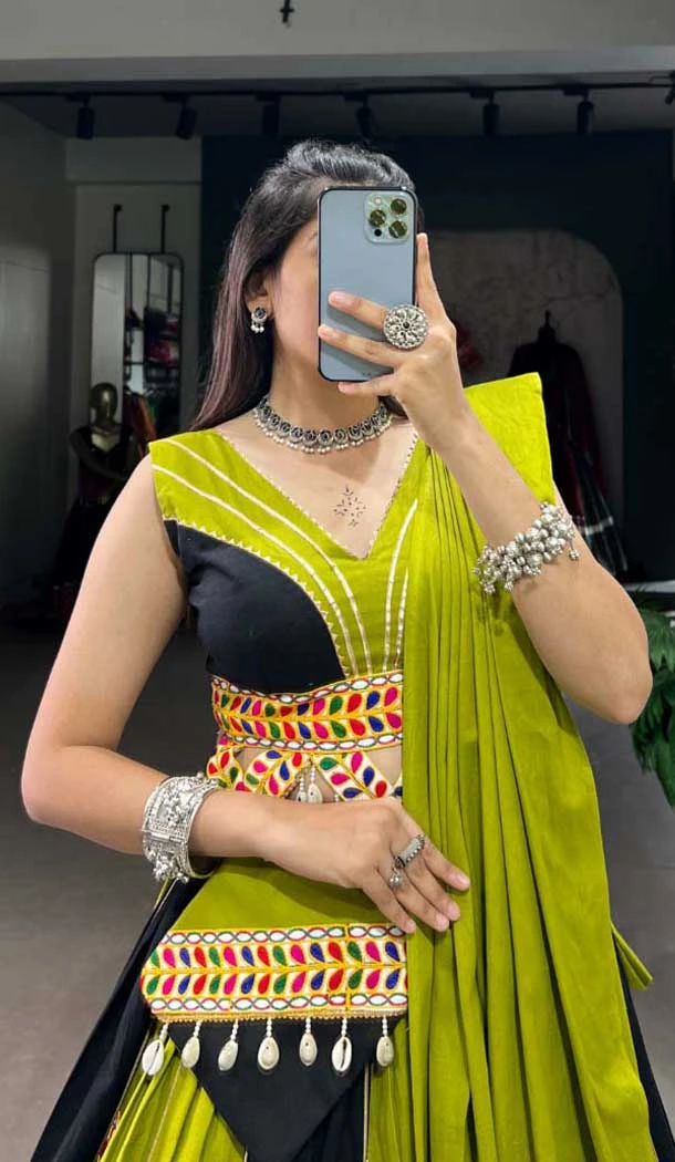 Multi Color Pure Cotton Plain And Print Work Navratri Wear Lehenga Choli - 10097192344