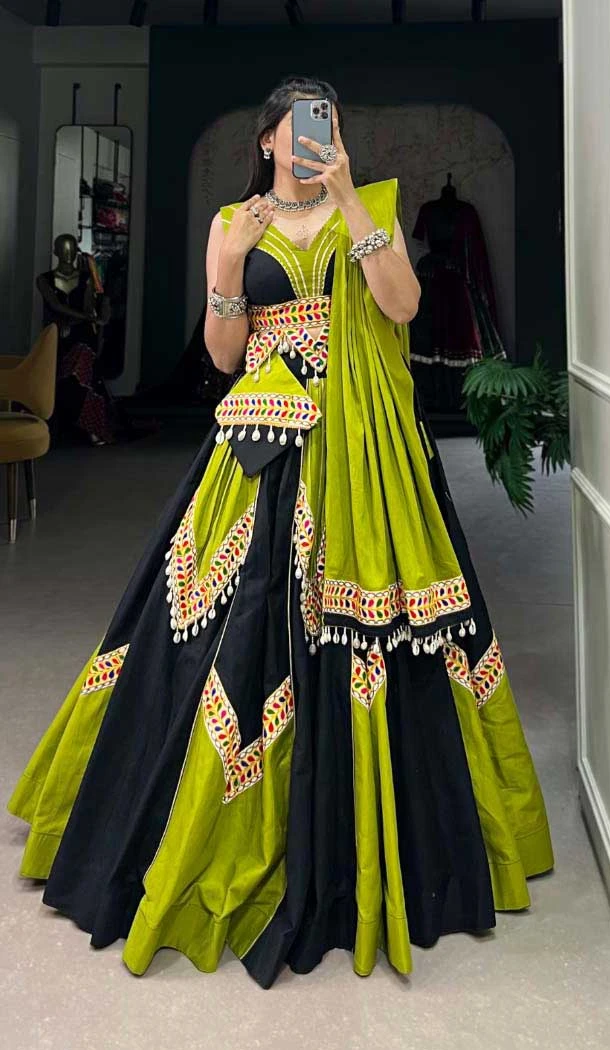 Multi Color Pure Cotton Plain And Print Work Navratri Wear Lehenga Choli - 10097192344