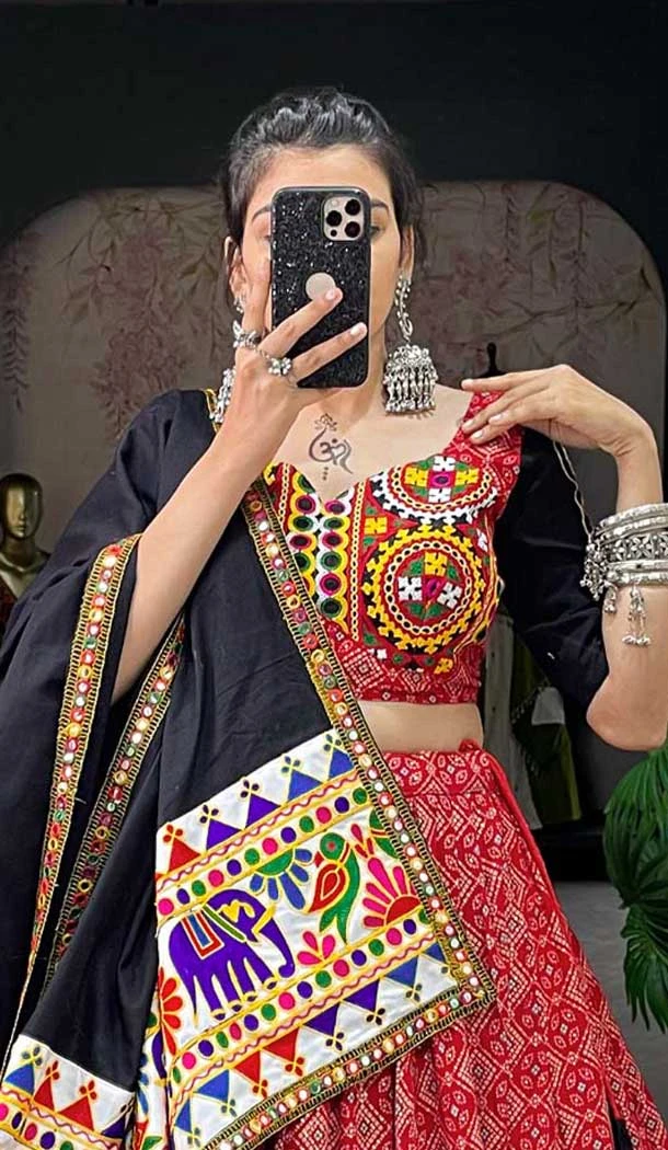 Multi Color Pure Cotton Mirror Hand Work Navratri Wear Lehenga Choli - 10097192345