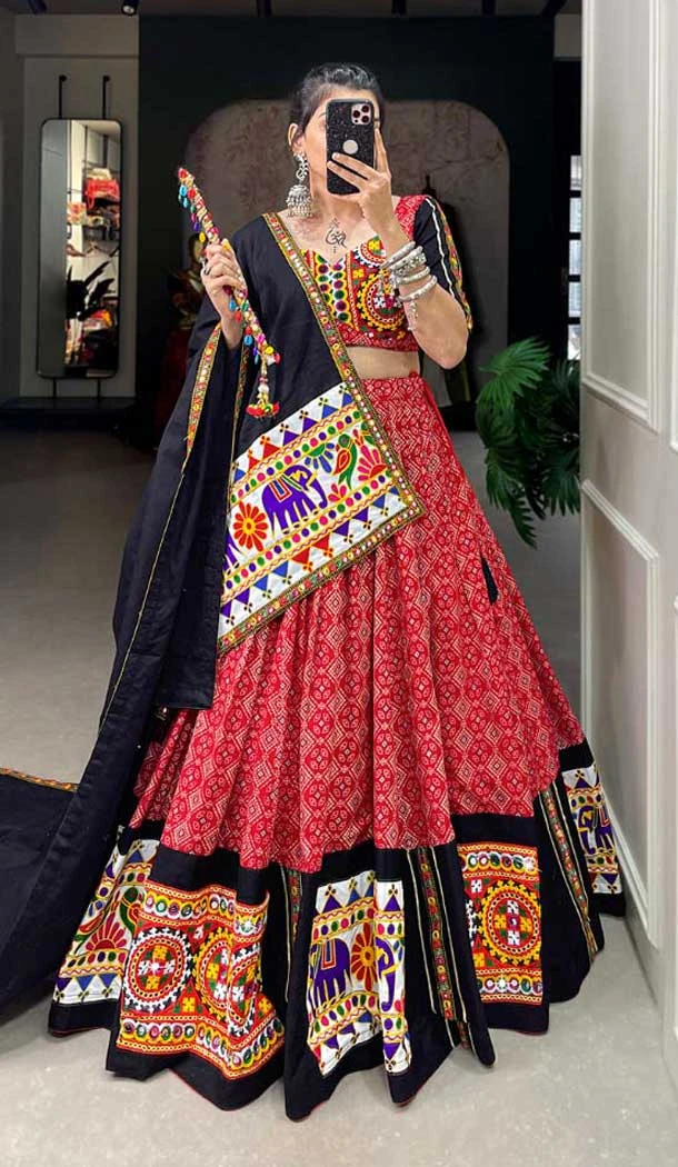 Multi Color Pure Cotton Mirror Hand Work Navratri Wear Lehenga Choli - 10097192345