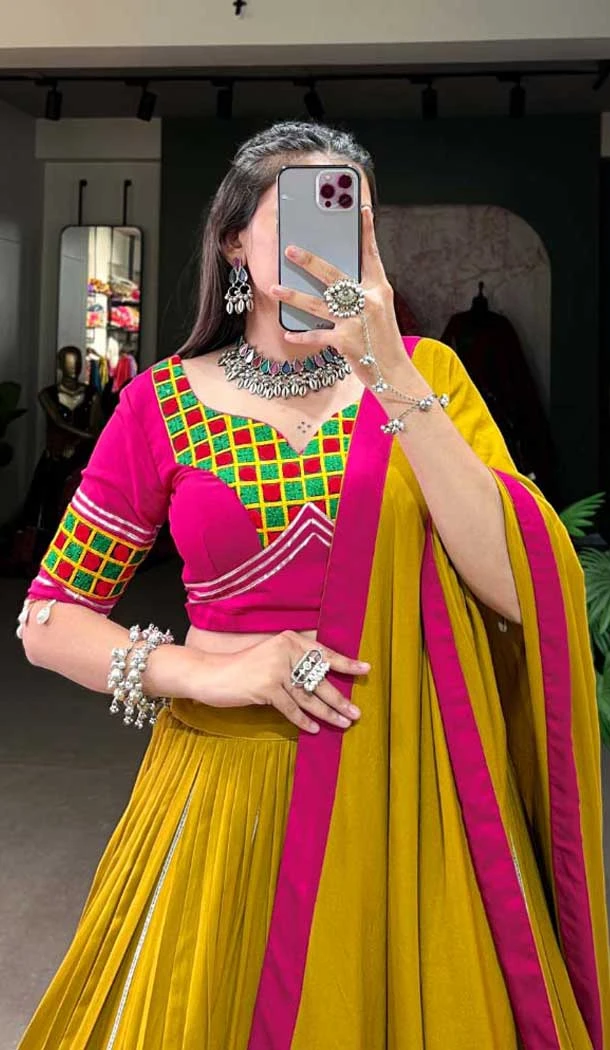 Mustard Pure Rayon Print Work Navratri Wear Lehenga Choli - 10097192346
