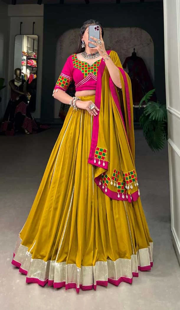 Mustard Pure Rayon Print Work Navratri Wear Lehenga Choli - 10097192346